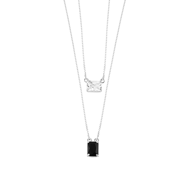 Escapulário Retangular Ônix e Cristal em Prata 925 Unissex 70cm Luz Viva