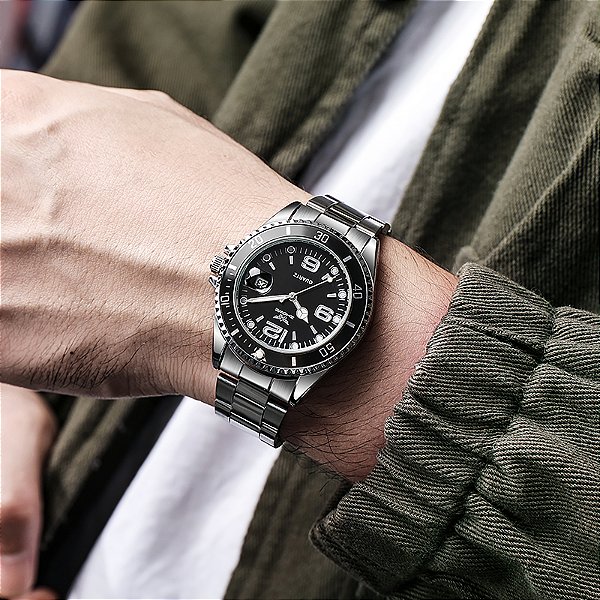 Relógio Quartz em Aço Inoxidável para Homens, Escuro