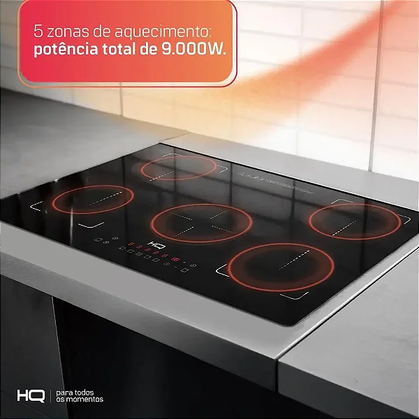 Cooktop De Indução Embutir HQ 5 Bocas Painel Touch Free Zone 9000W Preto HQ-IDE9005/77CM-FZ 220V