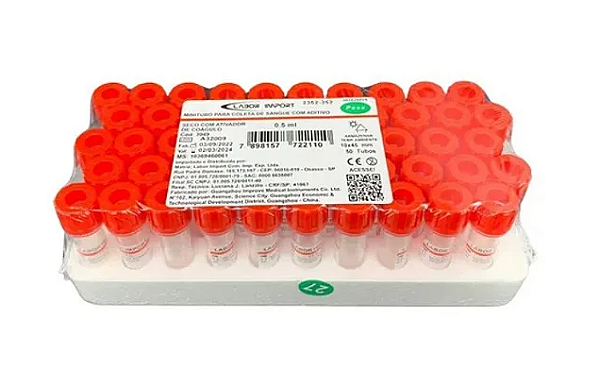 Mini Tubo Seco com aditivo 0.5ml - Labor Import - C/ 50 Unidades