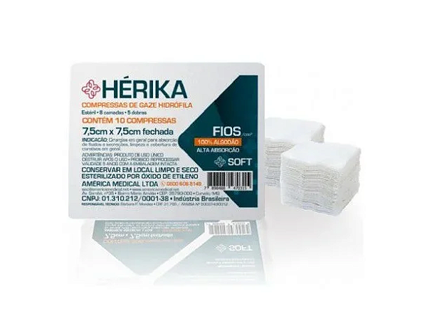 Compressa de Gaze Estéril 7,5cm x 7,5cm 11 Fios - Hérika -  C/10 Un