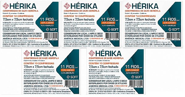 Kit 5 envelopes - Compressa de Gaze Estéril 7,5x 7,5cm 11 Fios - Hérika