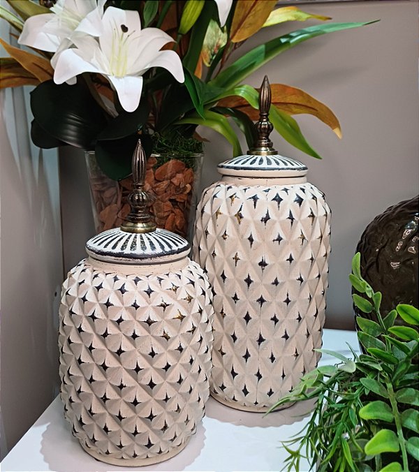 Jogo Potiche Ceramica Creme