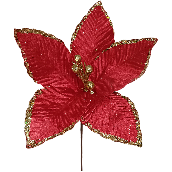 Flor Natalina poinsétia vermelha dourado 33cm