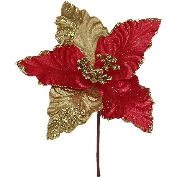 Flor Natalina poinsétia vermelha dourado 22cm