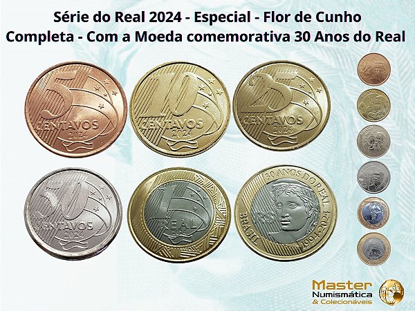 Set de moedas do Real 2024 Completo - Normais + 30 anos - FC