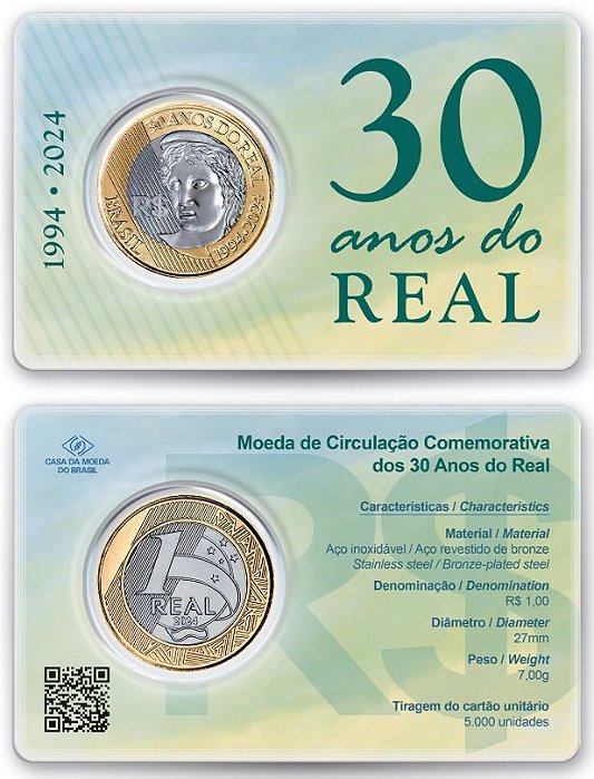 Blister da CMB com a Moeda do Real 2024 "30 anos do Real" - FC