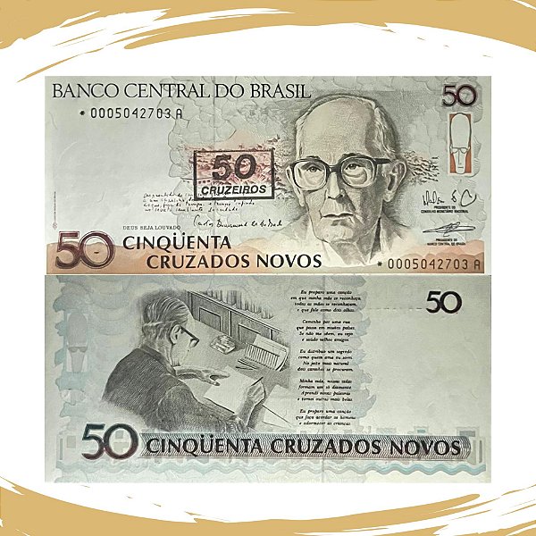 Cédula do Brasil - 50 Cruzeiros 1990 C-210a - Reposição * 0005 - Drummond - FE