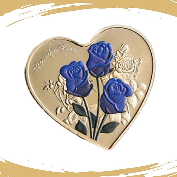 Moeda Coração Rosas Violetas - Dourada - TE AMO em 52 Idiomas - FC