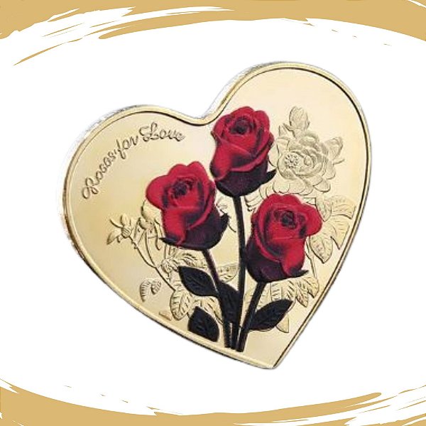 Moeda Coração Rosas Vermelhas - Dourada - TE AMO em 52 Idiomas - FC