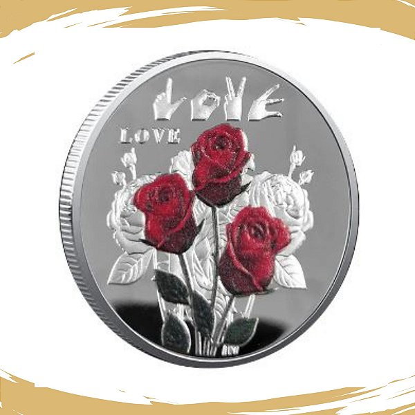 Moeda LOVE - Rosas vermelhas - Prateada - TE AMO em 52 Idiomas - FC