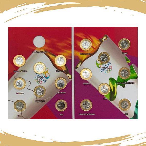 Álbum Olimpiadas 2016 - Vinho - (Sem Bandeira) com as 16 Moedas Flor de Cunho