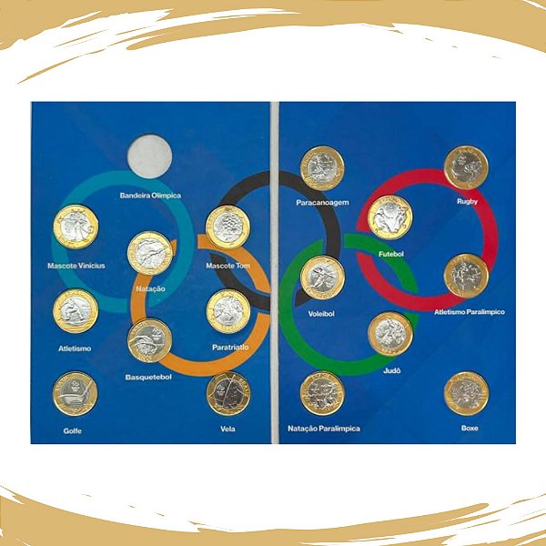 Álbum Olimpiadas 2016 - Azul - (Sem Bandeira) com as 16 Moedas Flor de Cunho