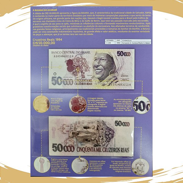 Folder com a Cédula FANTASIA C-240 - 50.000 Cruzeiros Reais Baiana - FE