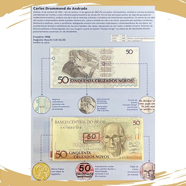 Folder com a Cédula C-210 - 50 Cruzeiros 1990 - Drummond - FE