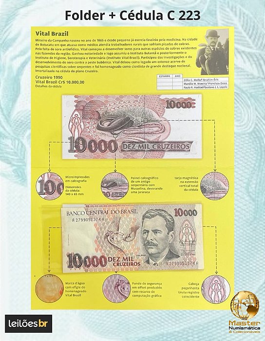 Promoção - Folder com a Cédula C-223 - 10.000 Cruzeiros 1993 - Vital Brazil - Sob/FE