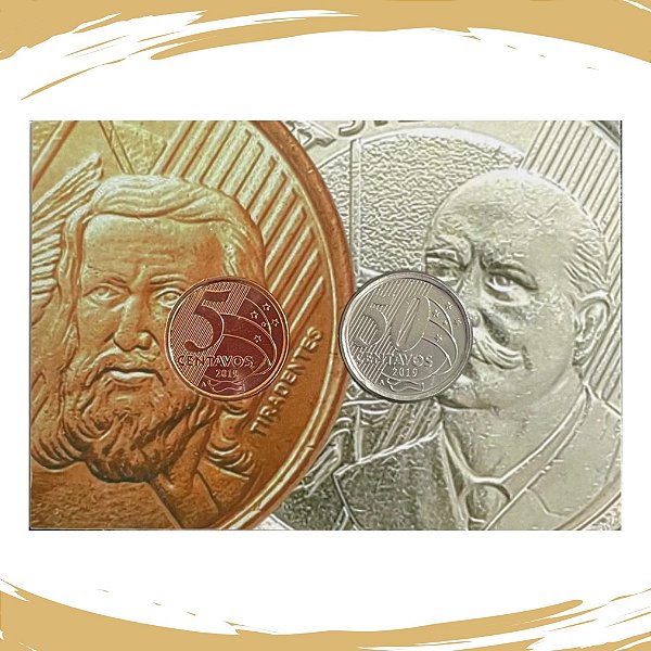 Cartela com as Moedas de 5 e 50 Centavos 2019  Letra A - Flor de Cunho - Descritivo