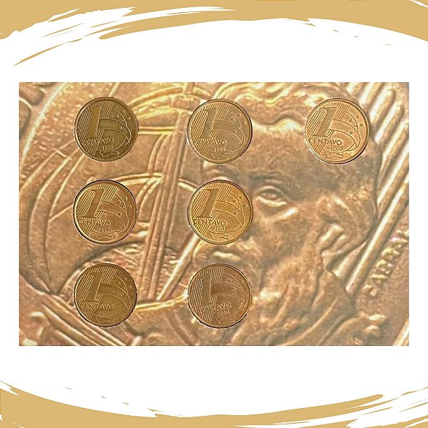 Cartela com a Série de Moedas de 1 Centavo de Real da 2ª Família - 1998 a 2004 - Circuladas