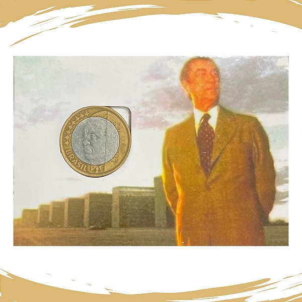 Cartela com a Moeda de 1 Real 2002 - Juscelino Kubitschek - Circulada