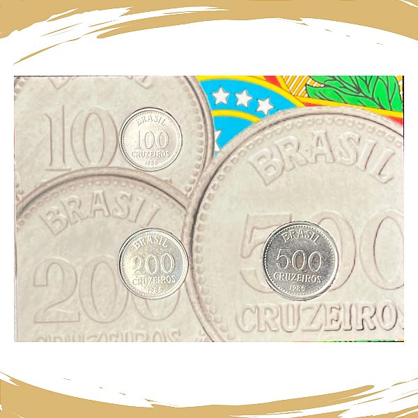 Cartela com as Moedas de 100, 200 e 500 Cruzeiros 1985/1986 - Circuladas