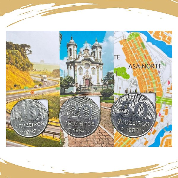 Cartela com as Moedas de 10, 20 e 50 Cruzeiros 1980/1986 - Circuladas