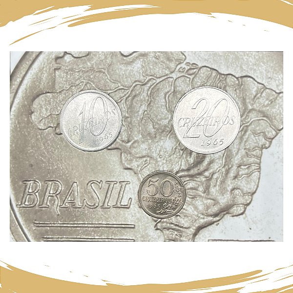 Cartela com as Moedas de 10, 20 e 50 Cruzeiros 1965 - Circuladas
