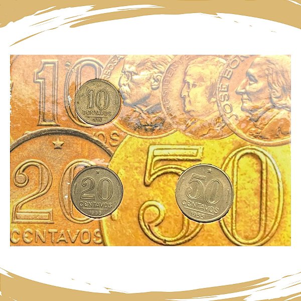 Cartela com as Moedas de 10, 20 e 50 Centavos Br.Al - Série Republica Nova - Circuladas