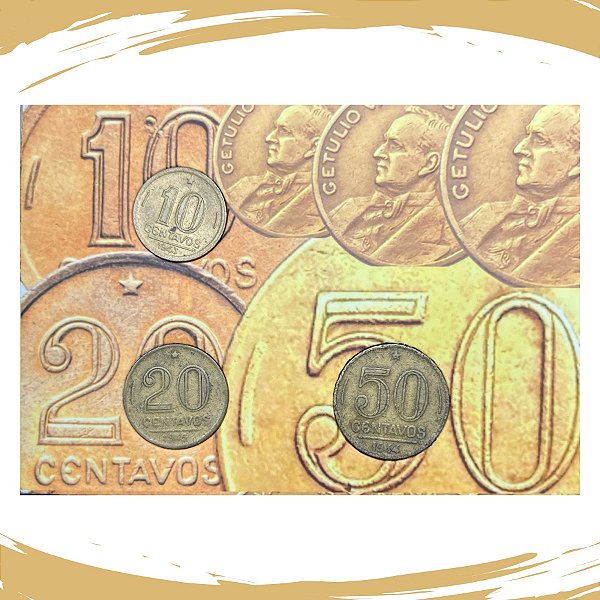 Cartela com as Moedas de 10, 20 e 50 Centavos Br.Al - Série Getúlio  Vargas - Circuladas