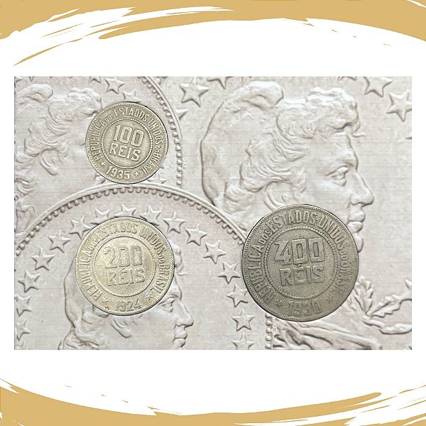 Cartela com as Moedas de 100, 200 e 400 Réis 1918/1935 - Cupro - Circuladas