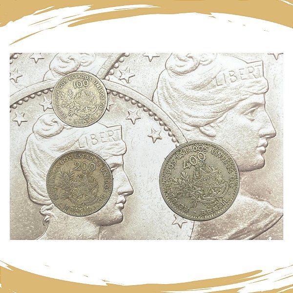 Cartela com as Moedas de 100, 200 e 400 Réis MCMI - Cupro - Circuladas