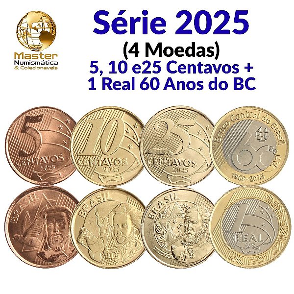 Lançamento - Kit com 4 Moedas de 2025 - 5, 10, 25 Centavos + 1 Real Comemorativa aos 60 anos do Banco Central - Flor de Cunho