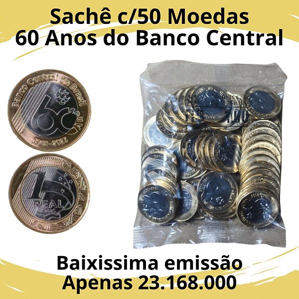 Sachê 60 Anos do Banco Central - 1 Real 2025 - 50 Moedas - Lacrado e Flor de Cunho