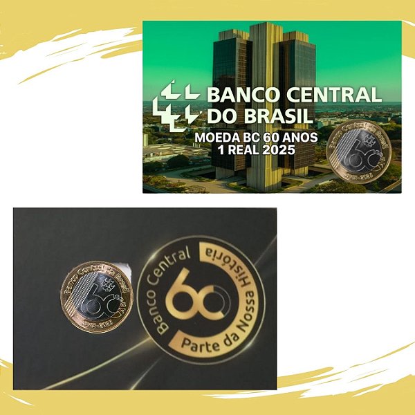 Cartela com a Moeda de 1 Real 2025 - 60 Anos do Banco Central - Flor de Cunho