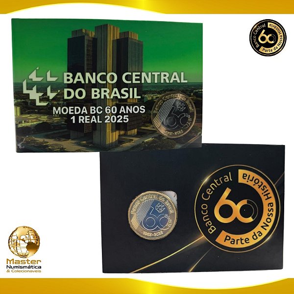 Lançamento - Cartela contendo a Moeda de 1 Real 2025 - 60 Anos do Banco Central - Flor de Cunho