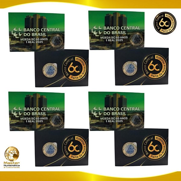 Lançamento - 04 Cartelas contendo a Moeda de 1 Real 2025 - 60 Anos do Banco Central - Flor de Cunho
