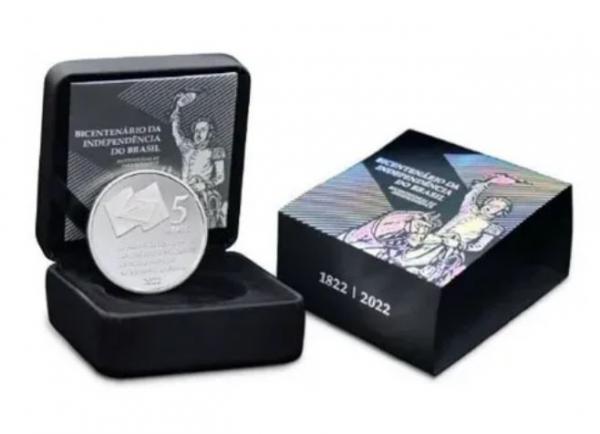 Promoção - Moeda do Brasil - 5 Reais 2022 - Comemorativa ao Bicentenário da Independência - PRATA 0.999 - 28.0 g - 40.0 mm - P-760 - Completa no estojo Original da CMB com luva e certificado - FRETE GRÁTIS