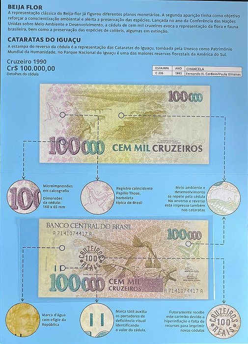 Promoção - Folder para as Cédulas C-227 a C-230 ou C-235  - 100 Mil Cruzeiros 1992/1993 / 100 Cruzeiros Reais 1993 - Beija Flor