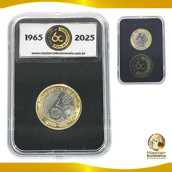 Lançamento - Moeda de 1 Real 2025 - 60 Anos do Banco Central no Slab Everslab Leuchtturm - Flor de Cunho