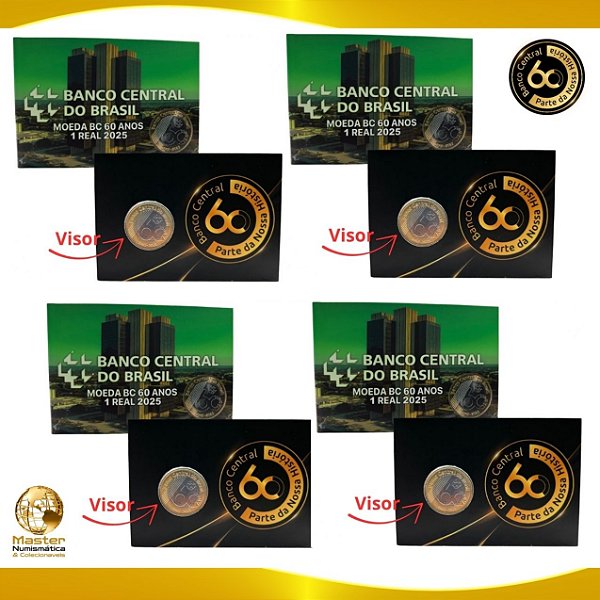 Lançamento - 04 Cartelas com visor contendo a Moeda de 1 Real 2025 - 60 Anos do Banco Central - Flor de Cunho