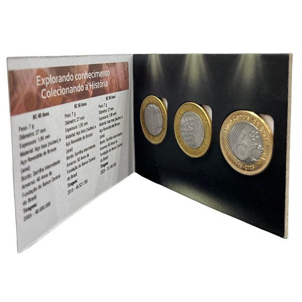 Cartela com Trio de Moedas Comemorativas - 40 - 50 e 60 anos do Banco Central