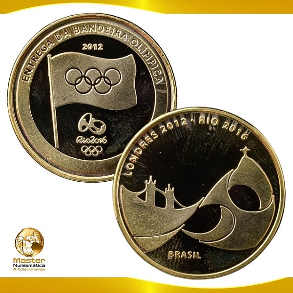 Medalha Comemorativa, Entrega da Bandeira Olímpica - Londres 2012 e Brasil 2016 - Olimpíadas Rio 2016, Dourada, 10.9g – 27.0mm, Proof – Souvenir - Flor de Cunho na Cáspsula.