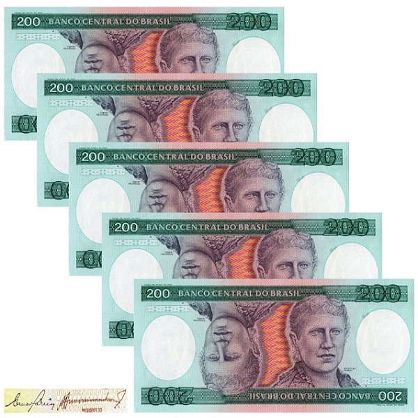 Brasil - 5 Cédulas de 200 Cruzeiros 1984 - Princesa Isabel - C-159 - Sequência - Série 3906 - Flor de Estampa
