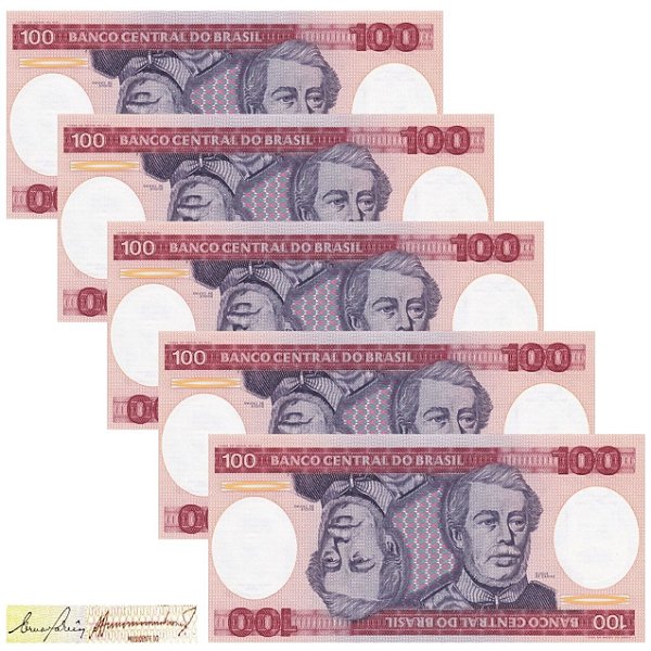 Brasil - 5 Cédulas de 100 Cruzeiros 1984 - Duque de Caxias - C-157 - Sequência - Série 8155 - Flor de Estampa