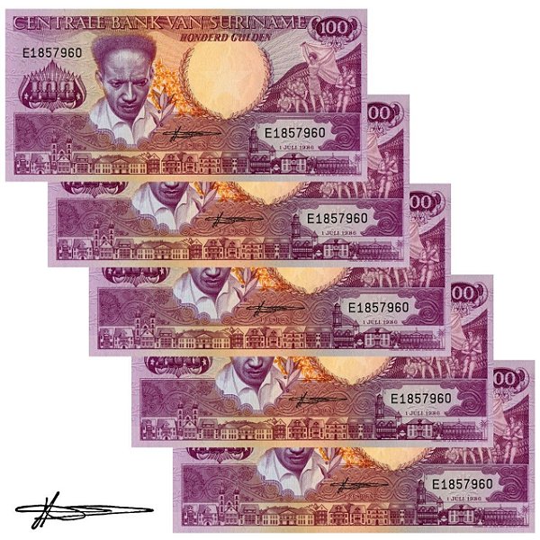 Suriname - 5 Cédulas de 100 Gulden 1986 - P-133a - Sequência - Flor de Estampa