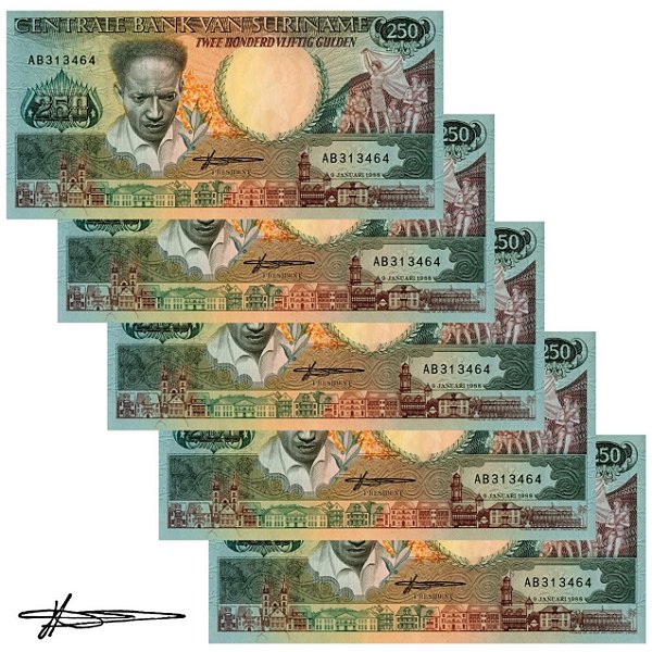 Suriname - 5 Cédulas de 250 Gulden 1988 - P-134a - Sequência - Flor de Estampa