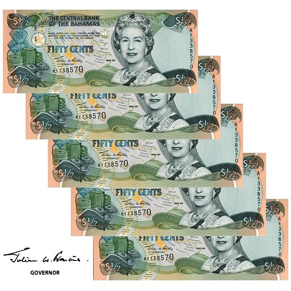 Bahamas - 5 Cédulas de 1/2 Dollar 2001 - P-68a - Rainha - Sequência - Flor de Estampa