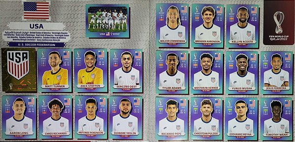 Seleção dos Estados Unidos Completa - USA1 a USA20 - 20 Figurinhas - Grupo B - Copa do Qatar 2022 - Original Panini