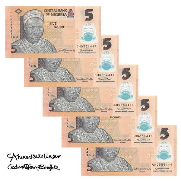 Nigéria - 5 Cédulas de 5 Naira 2022 - P-38m - Polímero - Sequência - Flor de Estampa