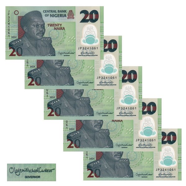Nigéria - 5 Cédulas de 20 Naira 2024 - P-34s - Polímero - Sequência - Flor de Estampa