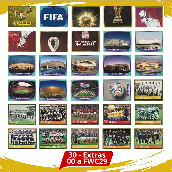 Kit com as 30 Figurinhas Extras 00 a FWC29 - Copa do Qatar 2022 - Logos Panini e Fifa, Logo da Copa, Mascote da Copa, Taça da Copa - Todos os Estádio + Bola - Museu Fifa - Original Panini
